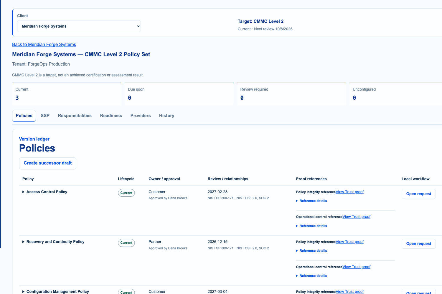 CMMC Level 2 target policy set showing current policy versions, owners, review dates, and Trust Center proof links.