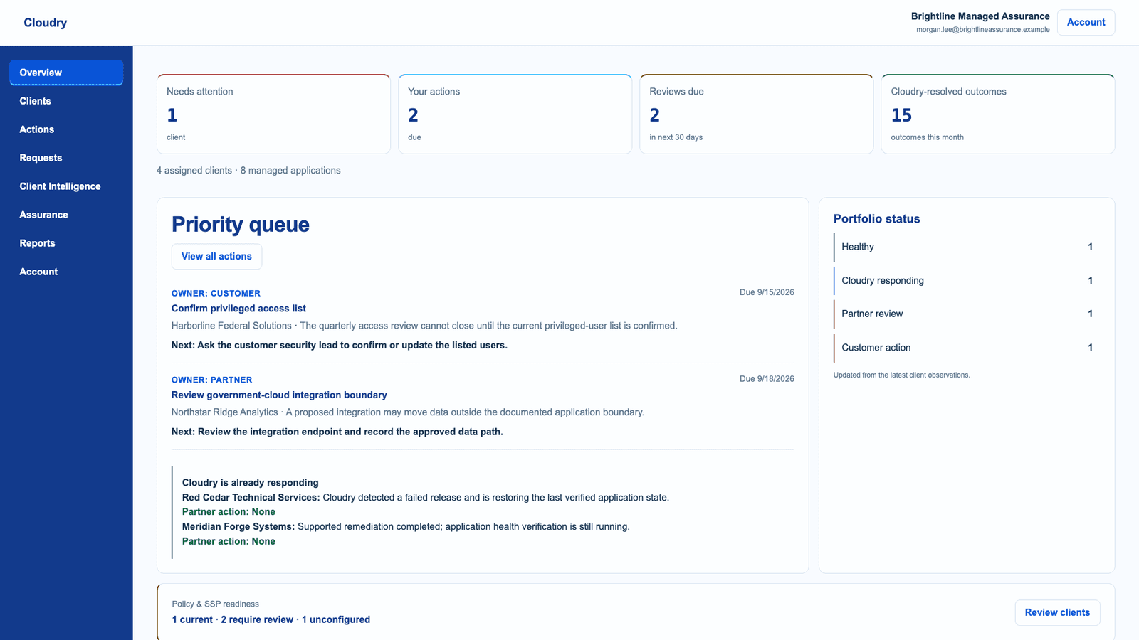 Cloudry Partner Dashboard showing partner actions separately from conditions Cloudry is already handling.