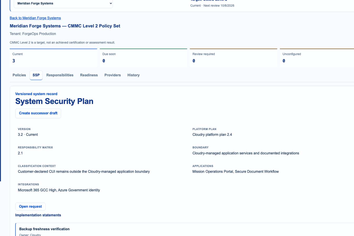 Tenant System Security Plan showing Cloudry platform plan inheritance, responsibility matrix, application boundary, and implementation statements.