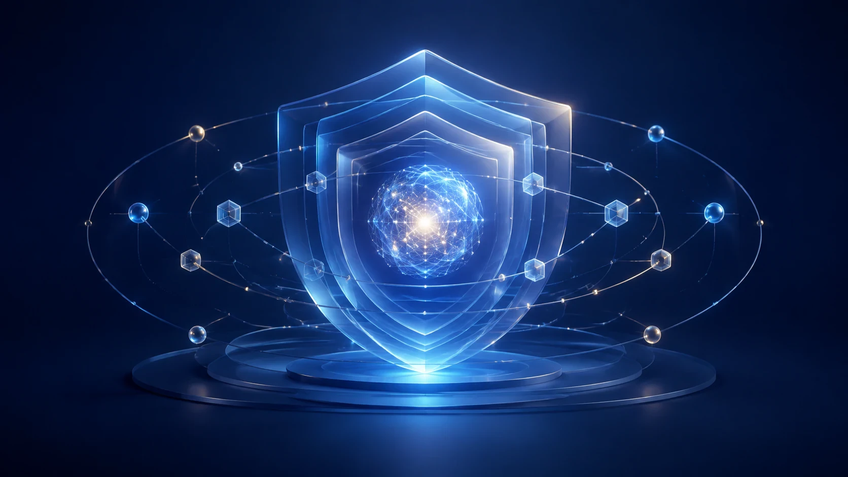 Abstract blue guardian layers protecting a connected digital system.