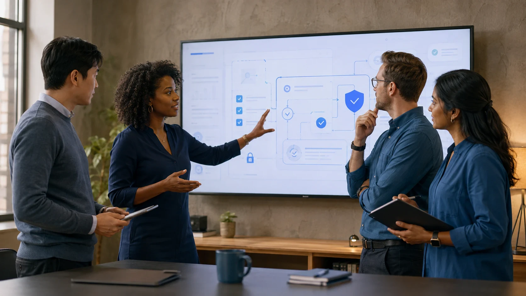 A diverse team reviews governed AI access controls together.